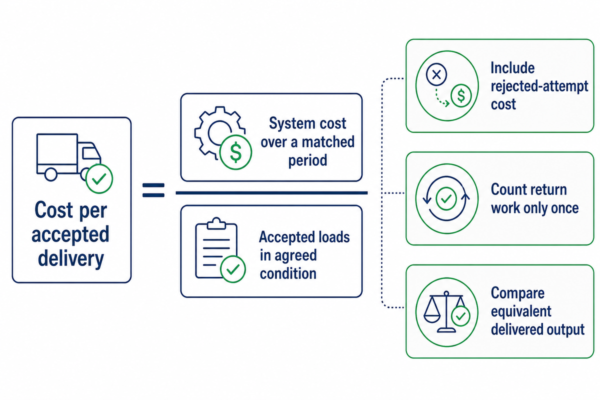 Cost per accepted delivery divides period cost by accepted loads and checks equivalent output.