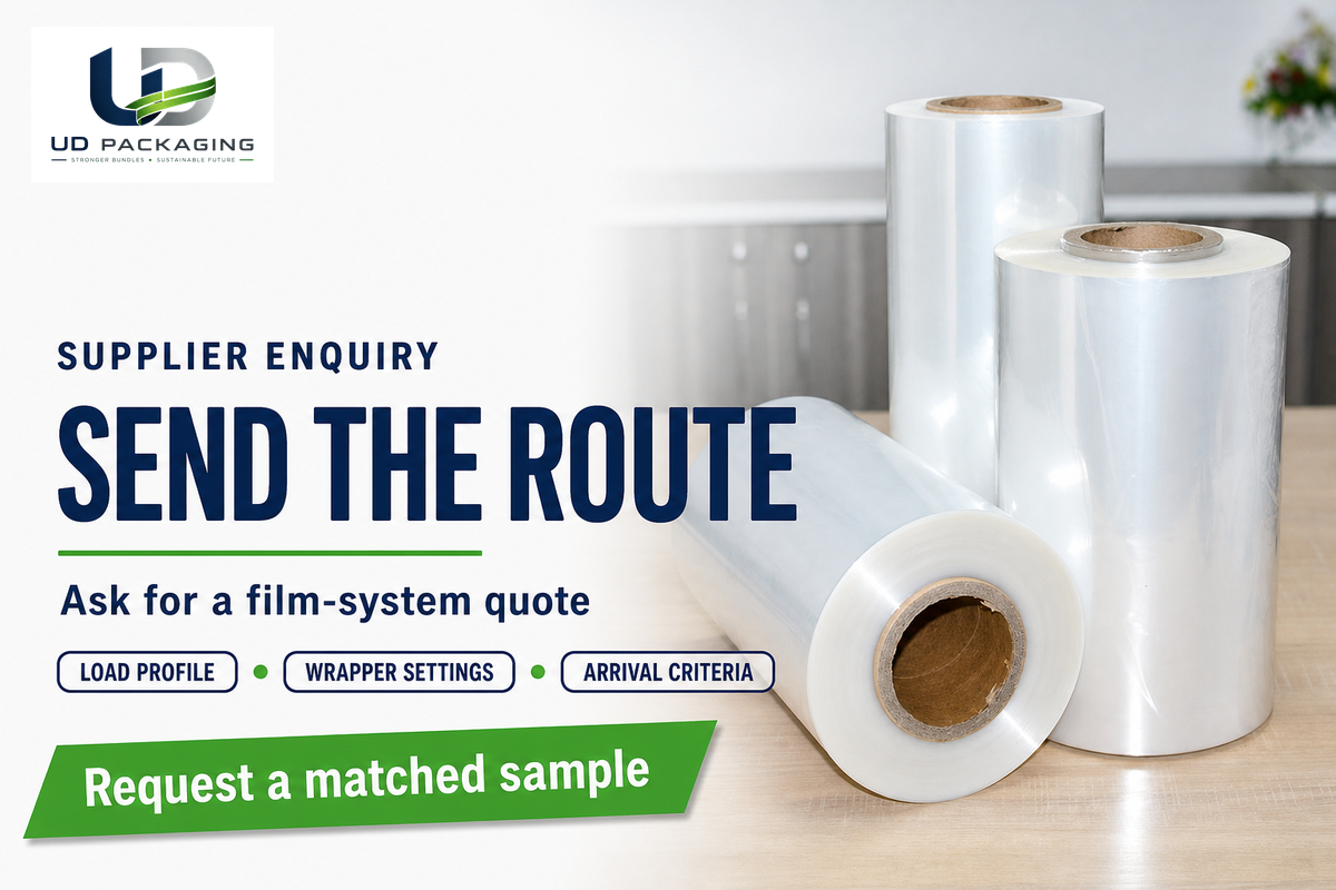 Hand-film rolls accompany a supplier enquiry based on load, wrapper settings and arrival criteria.