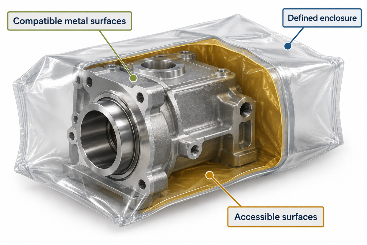 The inhibitor must reach compatible metal within the specified enclosure; wrapping tension is a separate function.