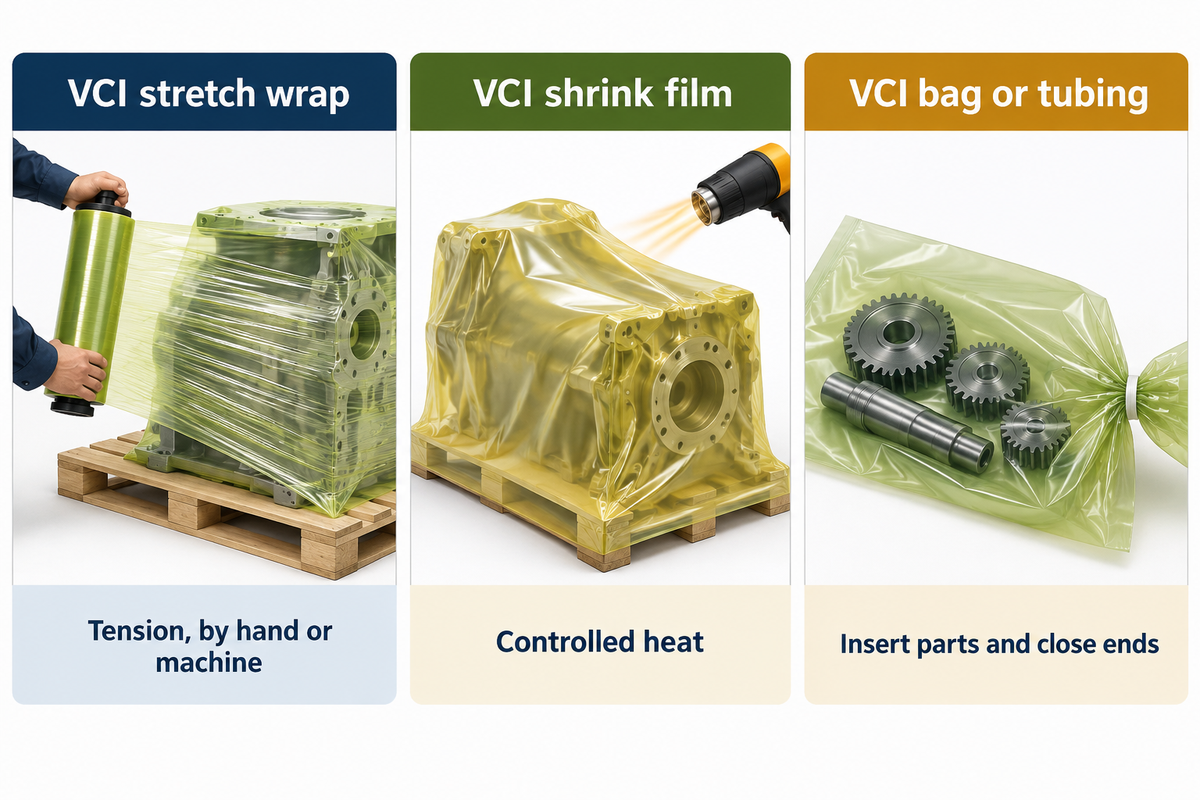 Stretch, shrink and bag formats use tension, heat and closure respectively; compare the enclosure separately.