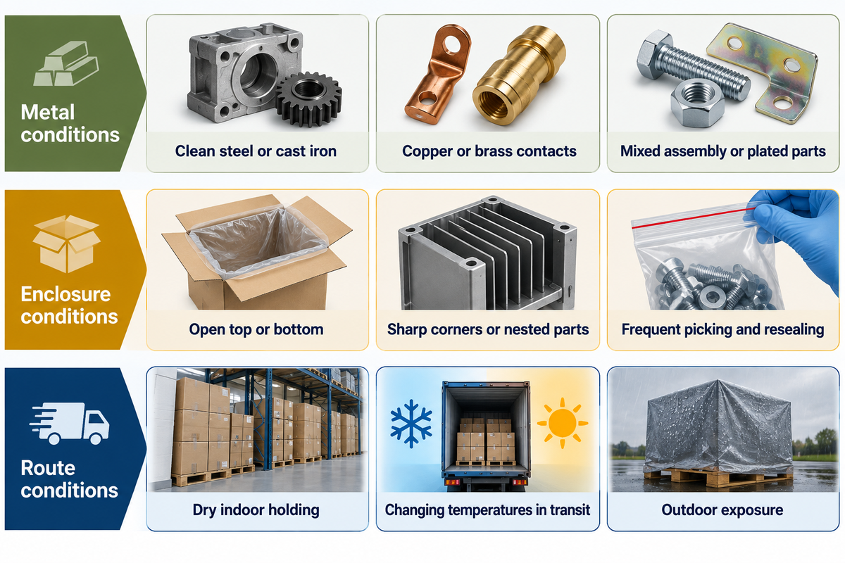 Check all metals, enclosure openings and route exposures before selecting a VCI grade; editorial selection matrix.