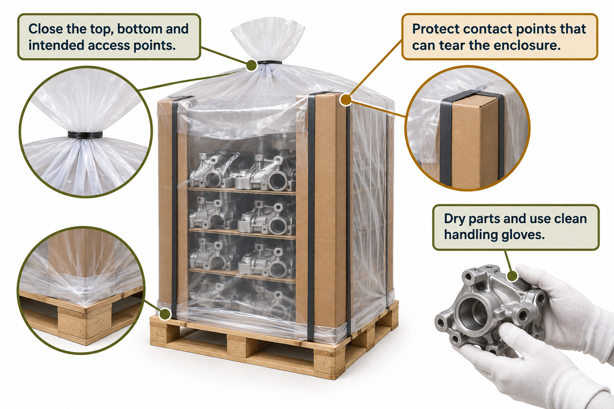 Dry clean parts, complete closure and edge protection address different package failure paths; supplier instructions.