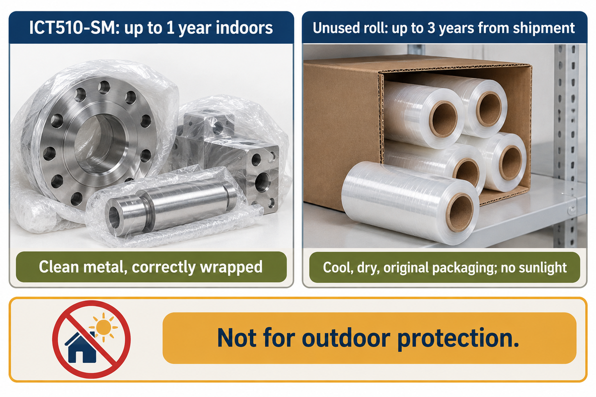 Zerust ICT510-SM lists up to 1 year indoor protection and 3 years unused-roll storage, under different conditions.