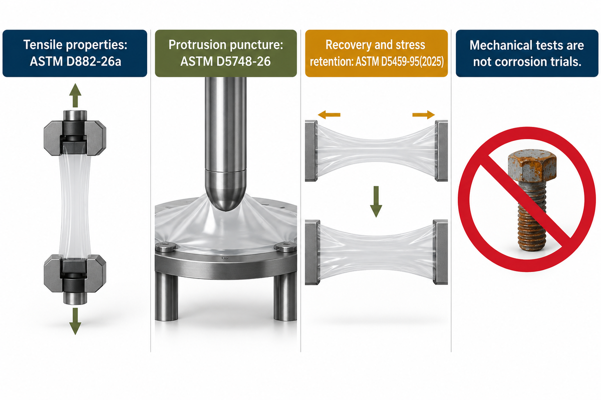 ASTM D882, D5748 and D5459 measure different mechanical properties; none alone establishes corrosion protection.
