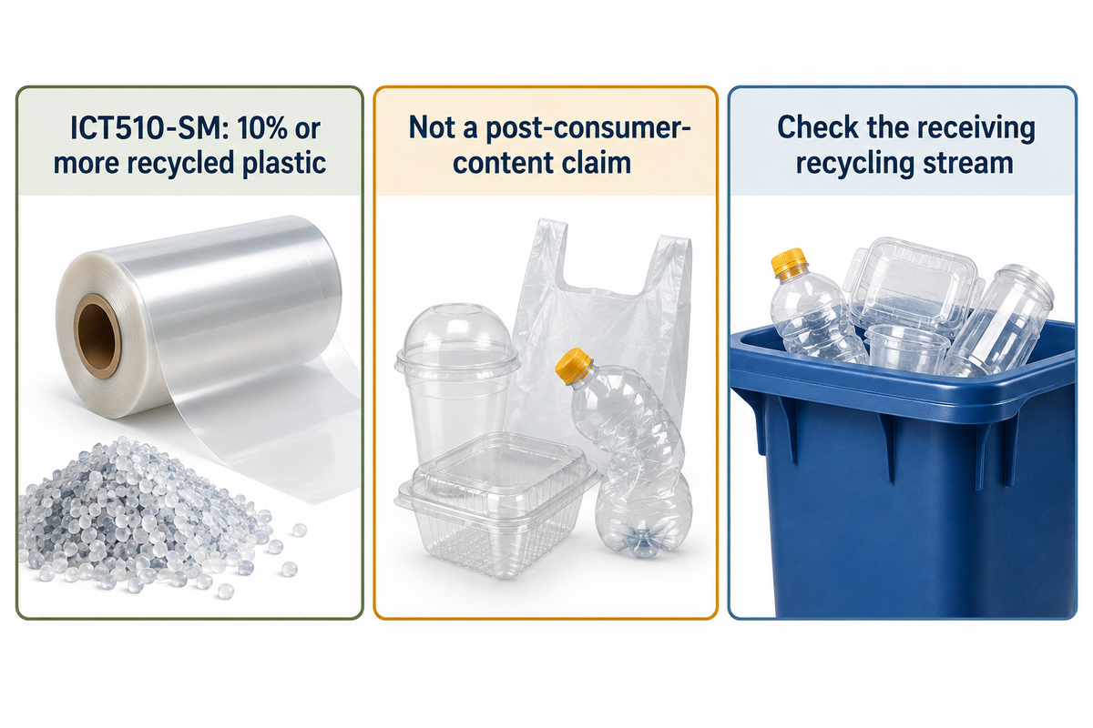 Zerust's recycled-plastic claim is grade-specific; post-consumer content and local recyclability are separate claims.